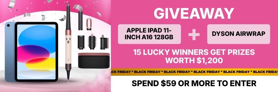 Spend $59 to enter a giveway to win Apple iPad + Dyson AirWrap