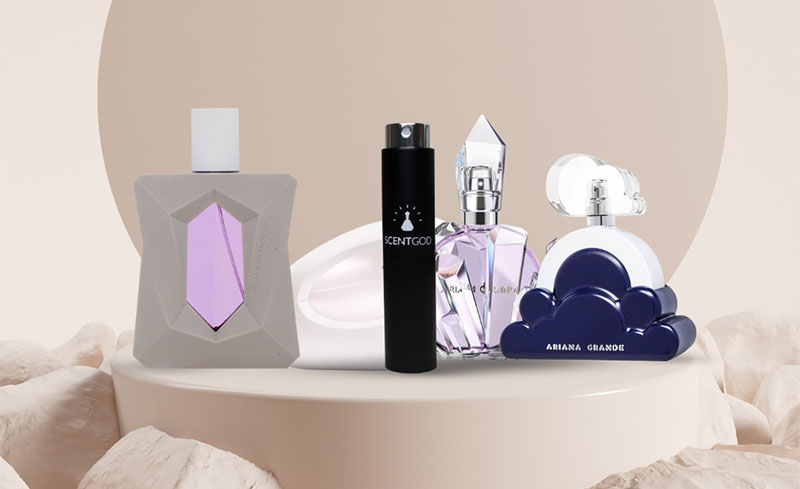 A bunch of Ariana Grande perfumes on a pedestal