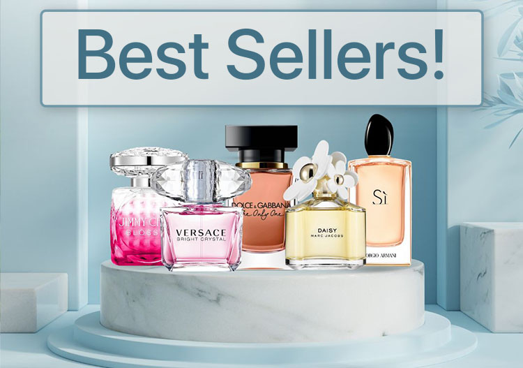 A bunch of best selling perfumes on a pedestal