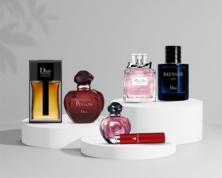 An arrangement of Dior perfumes