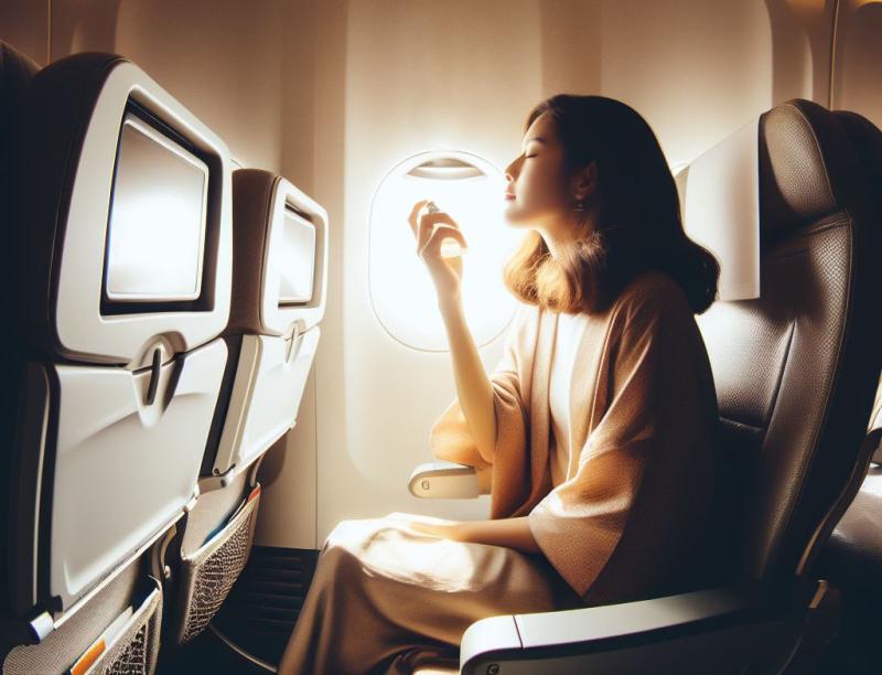 A woman sitting on an airplane with a perfume in her hand