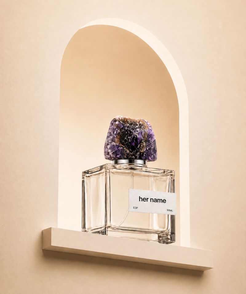 Personalised ScentGod perfume with amethyst crystal cap and your name on the label